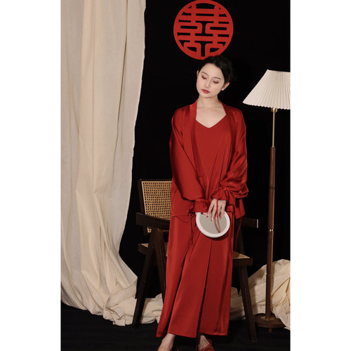 喵吉新中式高级感婚礼晨袍礼服小众新娘睡袍红色结婚睡衣情侣女秋 - 图3