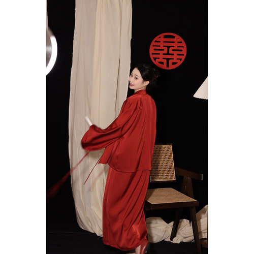 喵吉新中式高级感婚礼晨袍礼服小众新娘睡袍红色结婚睡衣情侣女秋 - 图1