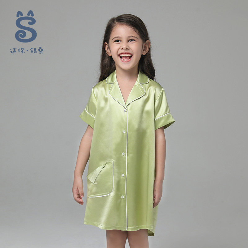 银桑100%桑蚕丝绸短袖长衣宝宝睡衣 银桑睡裙