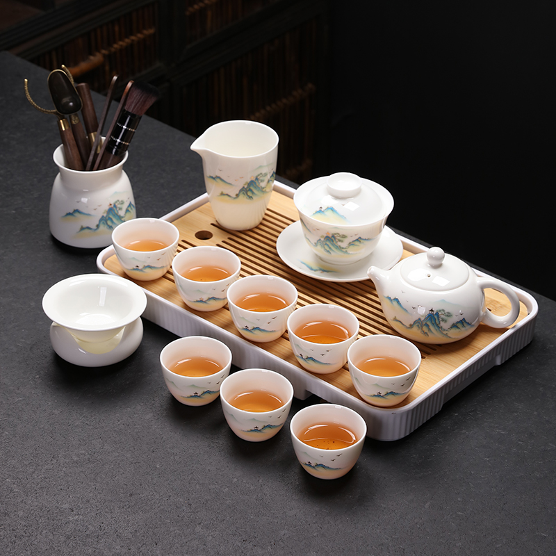 千里江山羊脂玉白瓷功夫茶具套装家用轻奢高端陶瓷盖碗茶杯2023款 - 图1