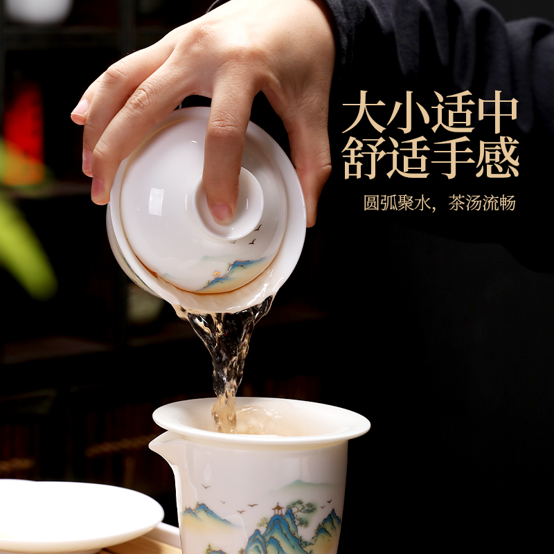 千里江山羊脂玉白瓷功夫茶具套装家用轻奢高端陶瓷盖碗茶杯2023款-图3