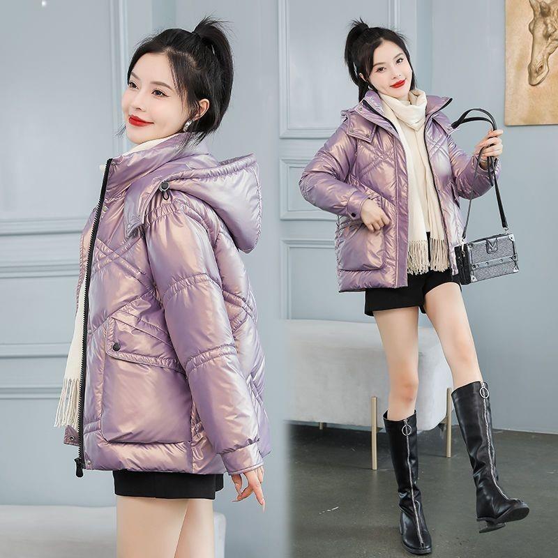 冬季新款时尚连帽羽绒棉衣加厚保暖亮面免洗显瘦棉服女外套潮同款 - 图1