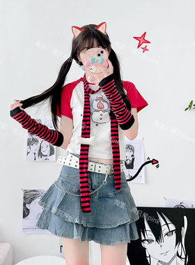 日系原宿cospla动漫条纹露指长腕套手套ins辣妹百搭防晒袖套情侣