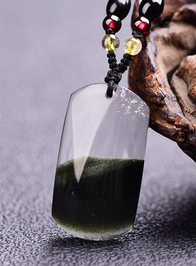 天然绿幽灵水晶挂件项链平安牌