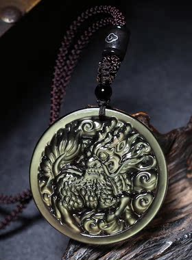 绿彩眼冰种黑曜石麒麟吊坠火麒麟玉石挂件男女项链黑水晶补水饰品