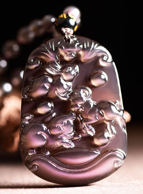 孤品红眼蓝眼黑曜石属猪兔羊项链亥卯未三合贵人吊坠猪羊得宝项链