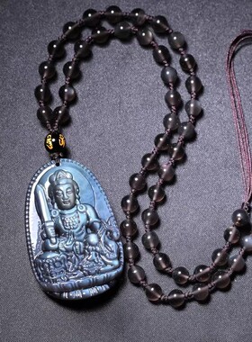 幻世蓝眼天然冰种黑曜石属兔本命佛吊坠文殊菩萨生肖兔守护神挂件