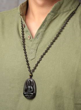 天然冰种黑曜石属狗属猪人本命佛吊坠阿弥陀佛生肖狗猪饰品男女