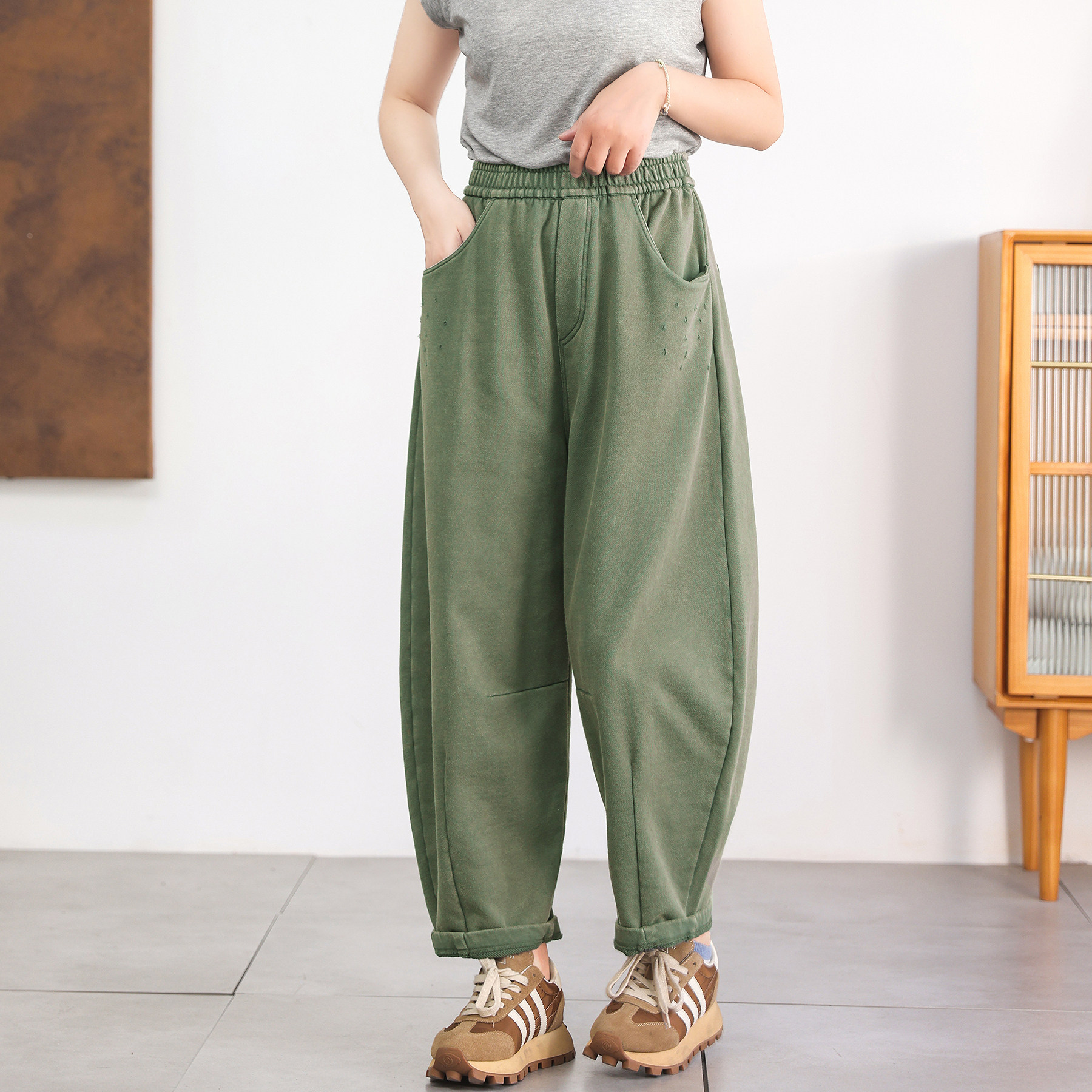 绿素棉 原创复古新赏纯棉哈伦裤 点破镂空百搭松紧腰休闲锥形长裤,淘宝优惠券,粉丝福利购,淘宝优惠卷