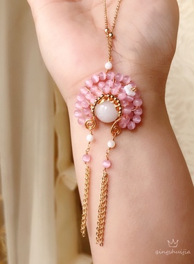 原创手作粉色猫眼石刀马旦项链天然金丝玉粉猫眼中国风刀马旦项链