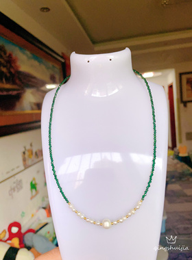 祖母绿色尖晶珍珠项链锁骨链，简约大方时尚百搭。