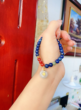 天然青金石手链珠子卡6mm搭配天然南红、翡翠平安扣，简单百搭。