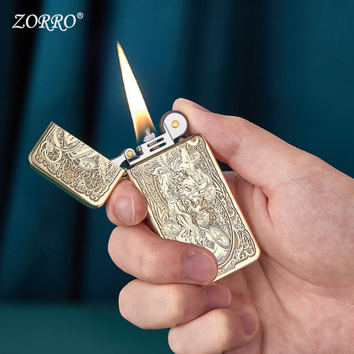 ZORRO佐罗官方旗舰店正品煤油打火机原铜超薄深雕貔貅送男友礼物 - 图1