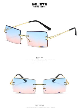 墨镜欧美方形无框钻石切边太阳镜