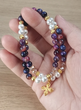 古风樱花虎眼石搭沙金贝珠双圈手串国风手链汉服唐装马面裙配饰女