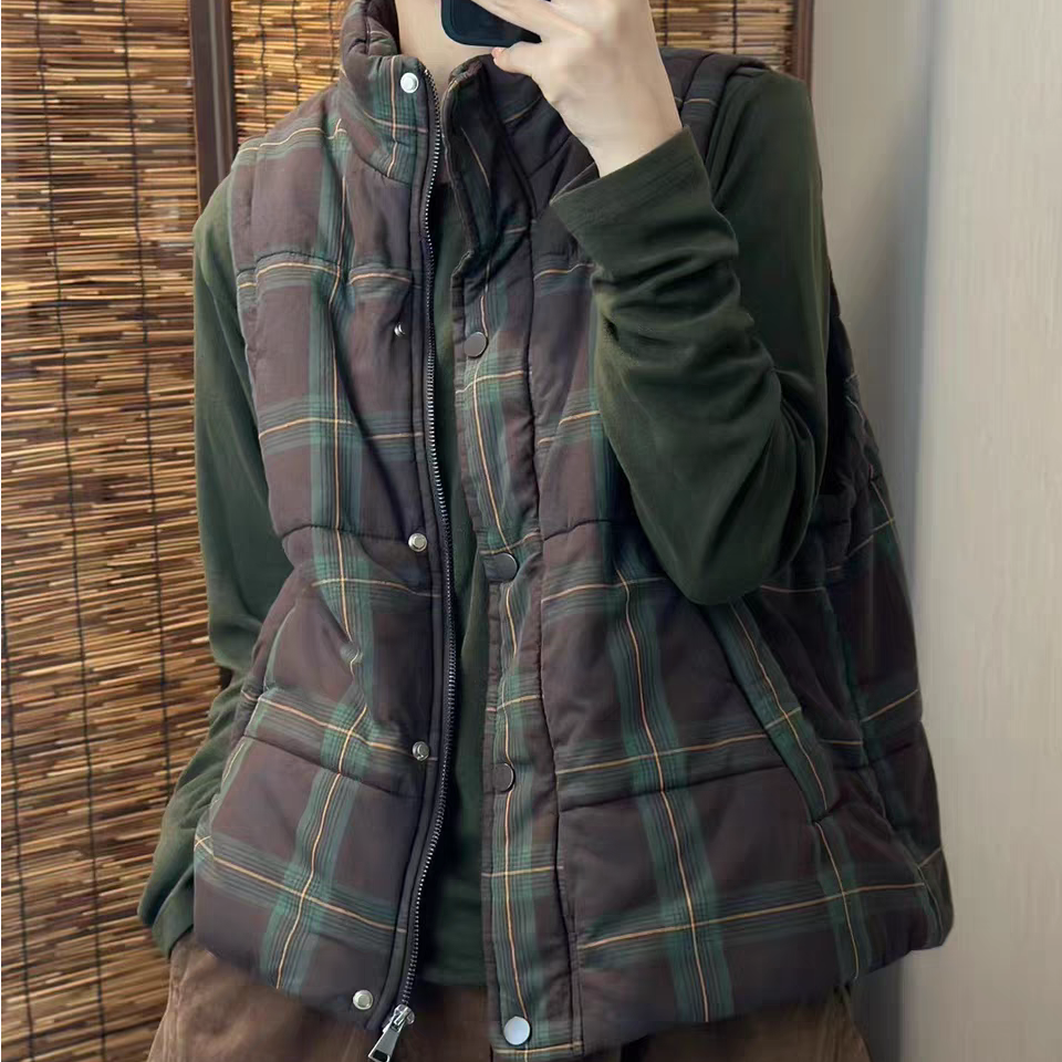 冬季新款格子夹棉马甲女复古立领保暖背心外套9307,淘宝优惠券,粉丝福利购,淘宝优惠卷