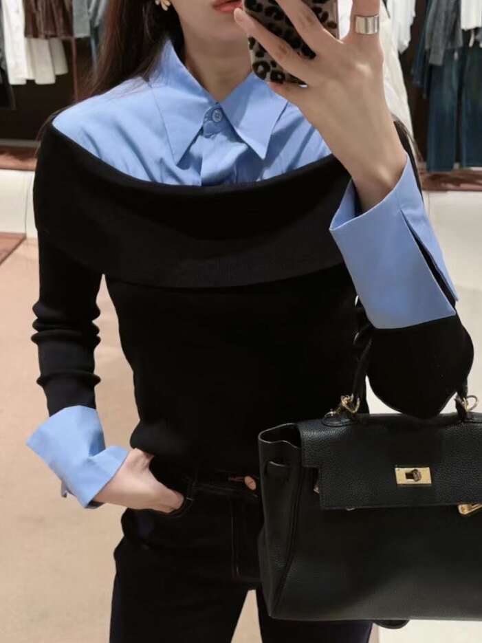 【现货】欧货25秋新衬衫法式假两件撞色设计感减龄百搭针织上衣女