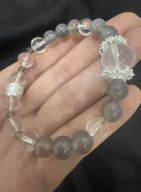 天然水晶灰玛瑙白水晶手串女抖音小红书爆款7A白水晶原创设计手链