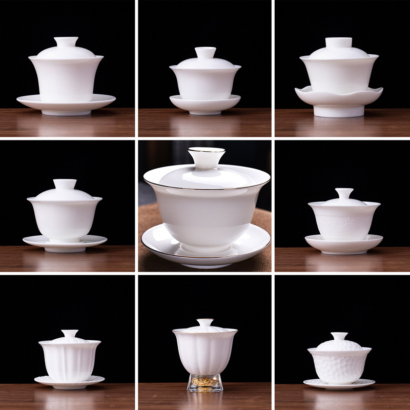 三才盖碗茶杯羊脂玉瓷茶碗茶具德化白瓷骨瓷杯陶瓷功夫泡茶碗 - 图0