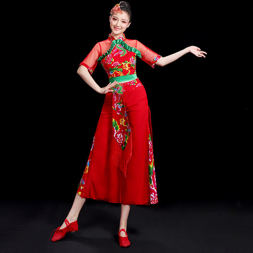 秧歌服演出服女2026新款手绢短袖胶州东北大花布衣服套装舞蹈服装 - 图1
