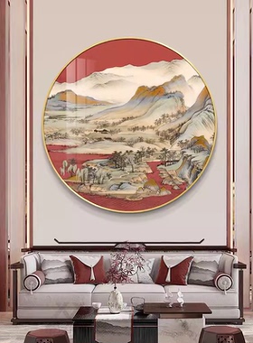 千里仙图山玄关灯圆形装饰画新中式客厅禅意山水书房挂画餐厅壁画