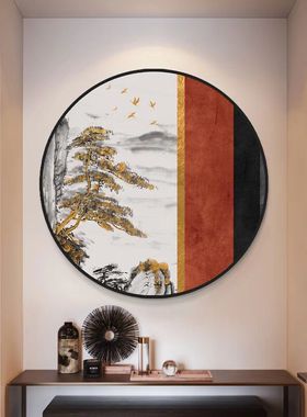 新中式客厅沙发背景墙挂画空谷幽兰圆形玄关装饰画高级感晶瓷画