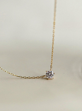 S925纯银镀14K金经典单钻项链六爪锆石锁骨链百搭简约吊坠女ins