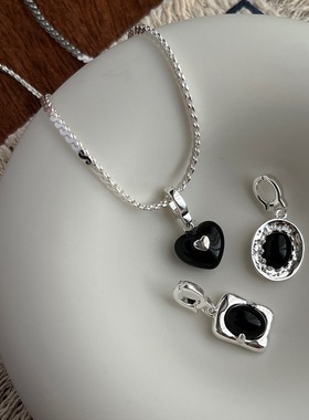 s925纯银麻花蛇骨链自由搭配爱心黑玛瑙方框椭圆吊坠项链毛衣