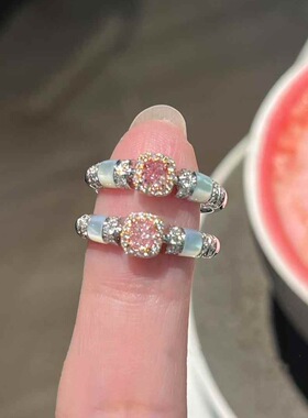 s925纯银粉钻方糖白贝母戒指vintage中古风轻奢小众设计贵气