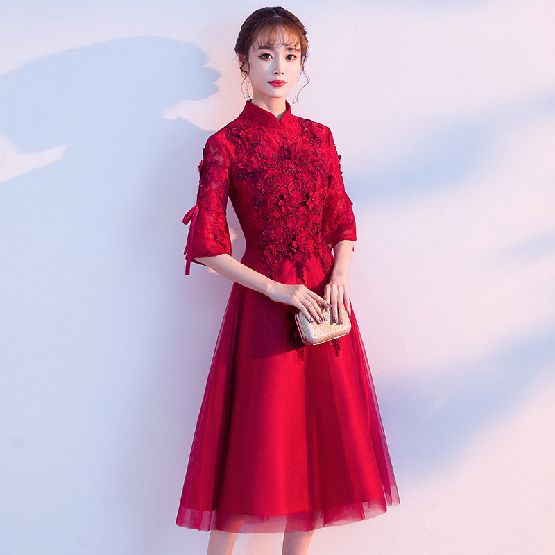 新娘2020新款小个子孕妇酒红色旗袍 森度凡礼服/晚装