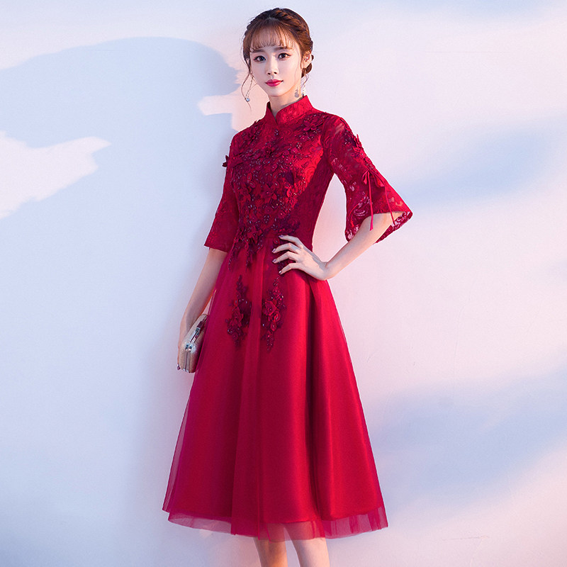 新娘2020新款小个子孕妇酒红色旗袍 森度凡礼服/晚装