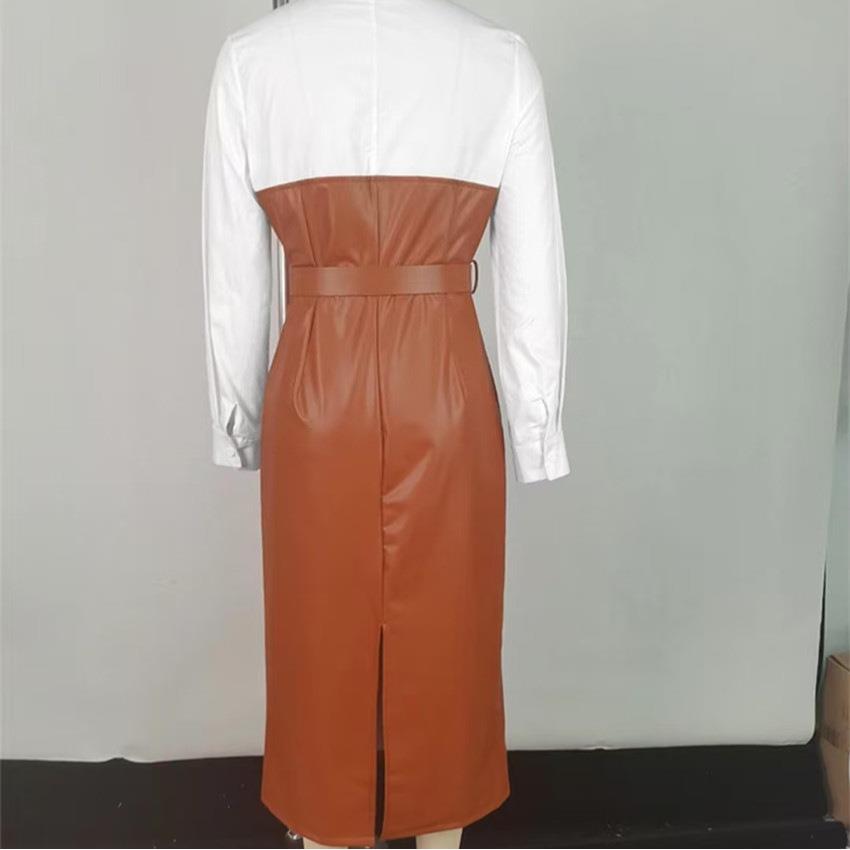 亚马逊跨境欧美新款气质通勤pu皮腰带拼接撞色女装衬衣长袖连衣裙 - 图2