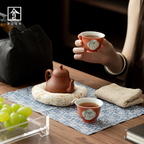 朱泥紫砂思亭壶单壶两茶杯泡茶壶壶承茶巾茶席功夫茶具茶事套组 - 图2