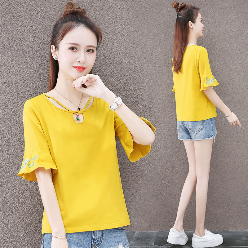 以纯短款喇叭袖圆领女2020夏装t恤 尚吻蔓T恤
