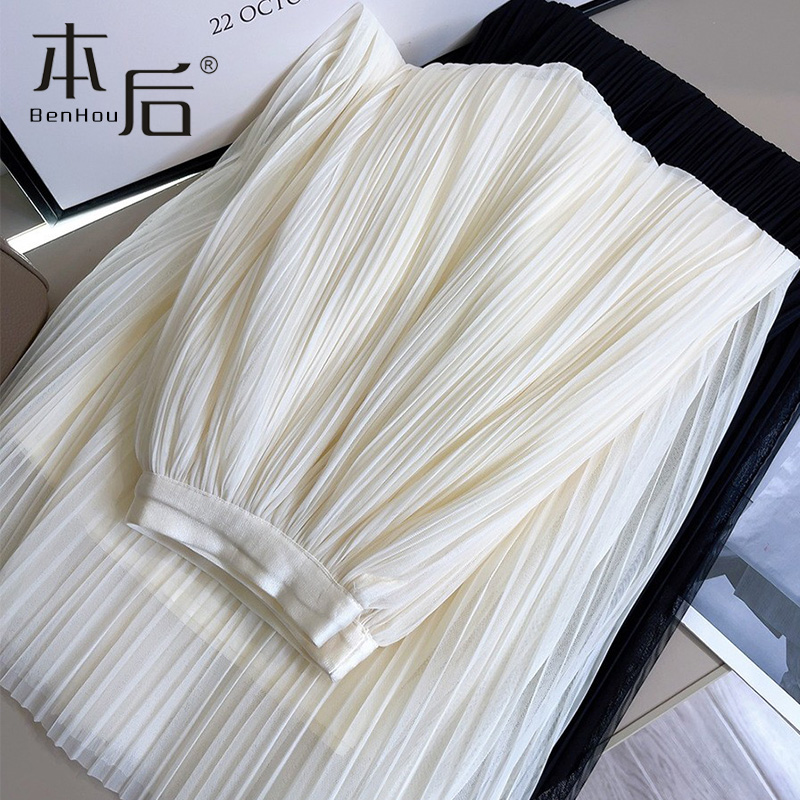 2067艺术细褶细密网纱中长款半身裙 本后半身裙