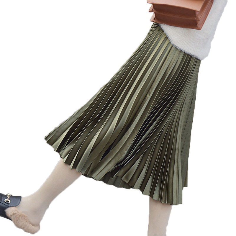 缎面女中长款高腰ins超火半身裙 本后半身裙