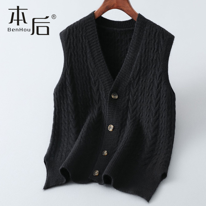 L032 麻花针织马甲背心女2025新款无袖纯色秋冬V领背心百搭时尚 - 图3