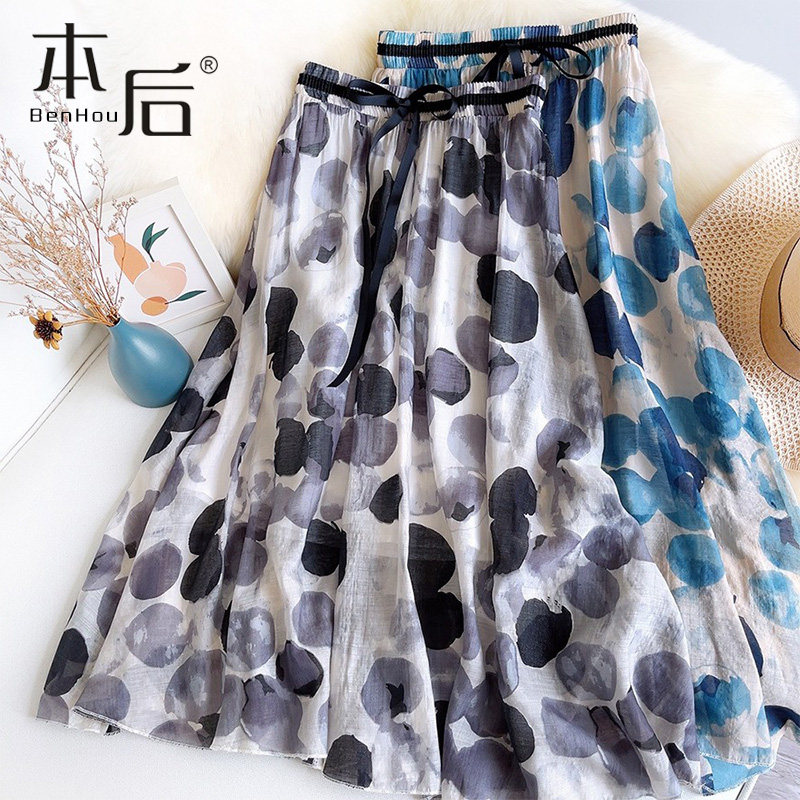 油画波点夏薄款中长款高腰半身裙 本后半身裙