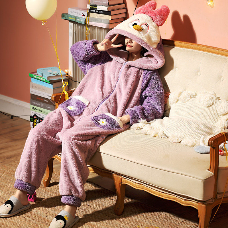 连体秋冬季珊瑚绒学生可爱连帽睡衣 纯兰语睡衣/家居服套装