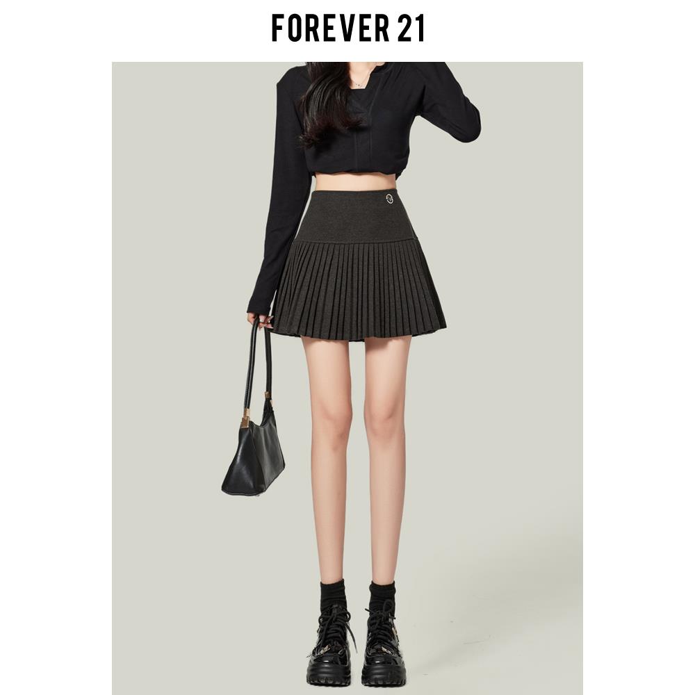 Forever21白色伯克利半身裙女2023秋冬款高腰毛呢A字短裙jk百褶裙