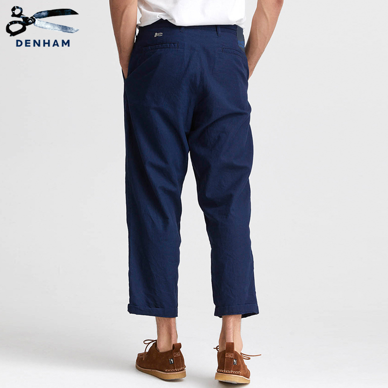 DENHAM男士时尚简约蓝色棉麻混纺九分裤宽松男装休闲萝卜裤
