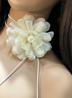 复古超大花系带项链珍珠绑带