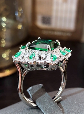 奢华深绿色开口戒指女ins潮冷淡风个性食指戒小众设计可调节指环