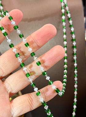 原创中古风手工绿色串珠长款项链女小众高级感叠戴气质颈链毛衣链
