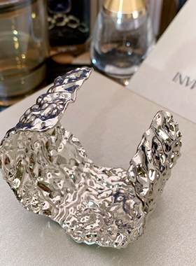 欧美银色熔岩褶皱圆形开口金属手镯冷淡风个性手环轻奢感手饰手环