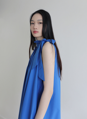 无袖蓝色宽松系带显瘦气质连衣裙