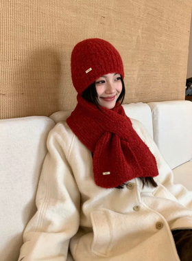 红色围巾帽子2件套女款2026新款