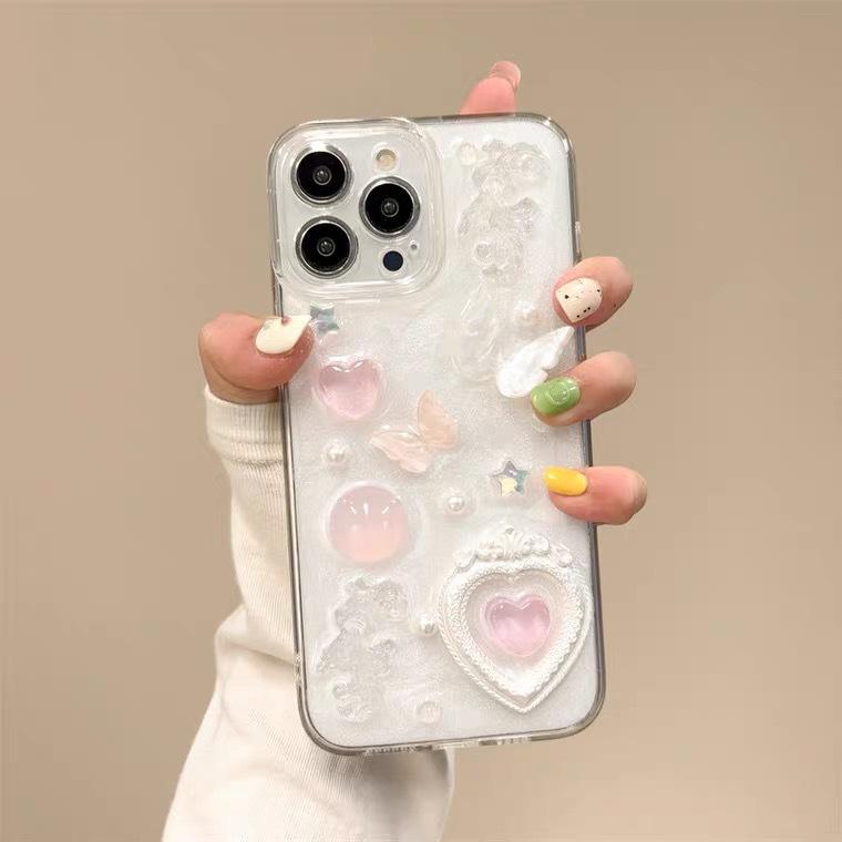 立体粉色爱心香水适用于iphone16手机壳15proMAX珠光白奶油胶14plus镜头全包13珍珠保护套12可爱蝴蝶11潮牌女 - 图0