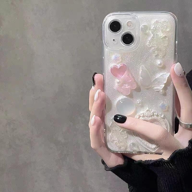 立体粉色爱心香水适用于iphone16手机壳15proMAX珠光白奶油胶14plus镜头全包13珍珠保护套12可爱蝴蝶11潮牌女 - 图1