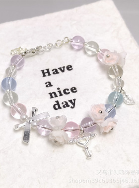 女孩琉璃水晶手链新款超仙甜美软花记忆钢圈手链百搭学生夏日冰透